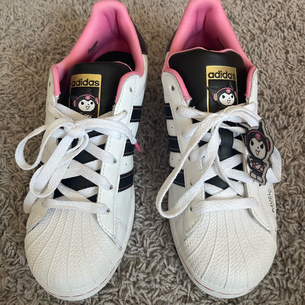 Adidas Kids Hello Kitty Kuromi White Sneakers with Black Stripes 6.5